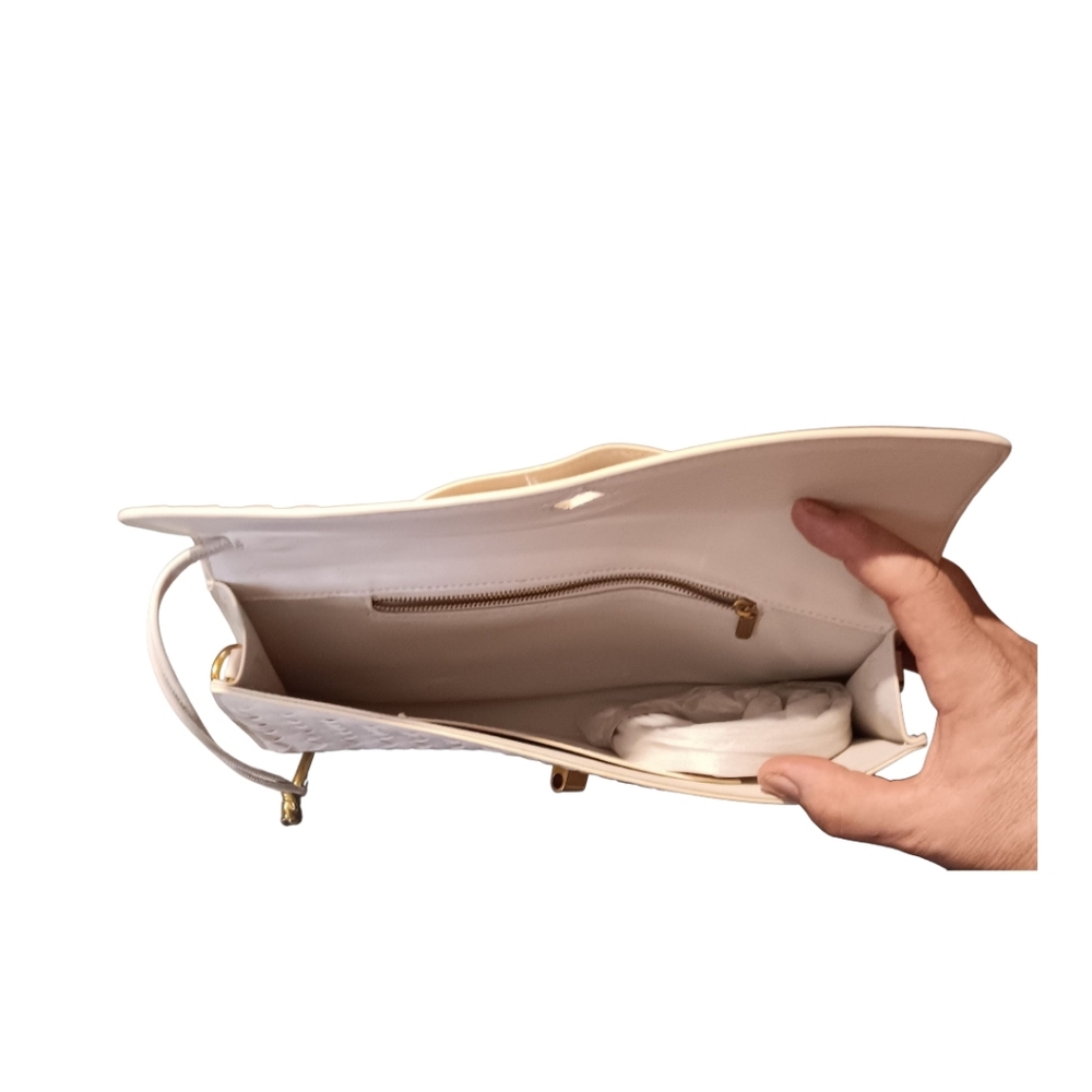 * Cream Faux Woven Leather Clutch Handbag With Shoulder Strap - Picture 4 of 7